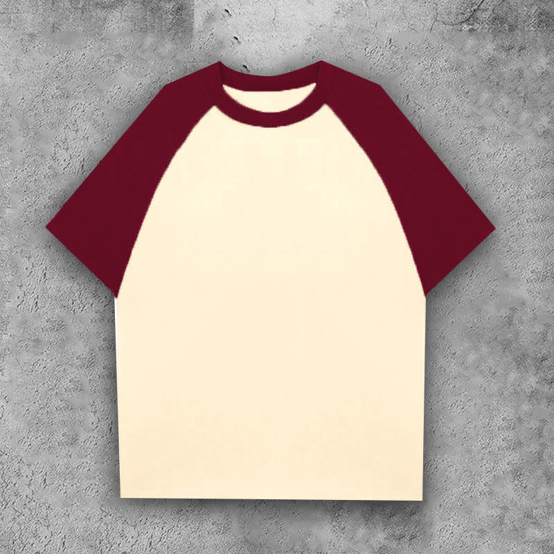 100% Cotton Contrast Solid Color Raglan Sleeve T-shirt - Wine+Apricot - 3XL - image 8
