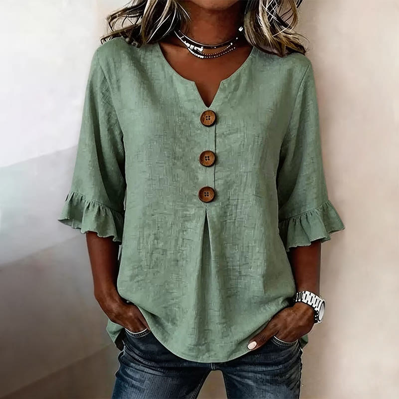 Solid Color Print Button V-neck Blouse With Ruffle Sleeves - Green - 3XL - image 4