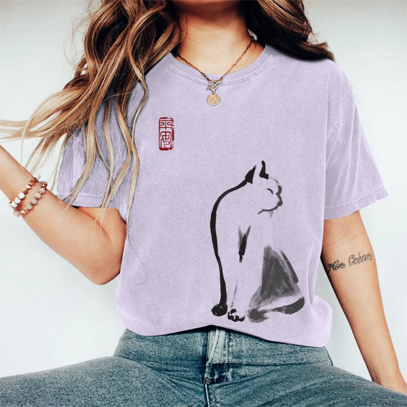 100% Cotton Women's Japanese Abstract Ink Painting Cat Art Print Casual T-shirt - Purple - 2XL - image 3