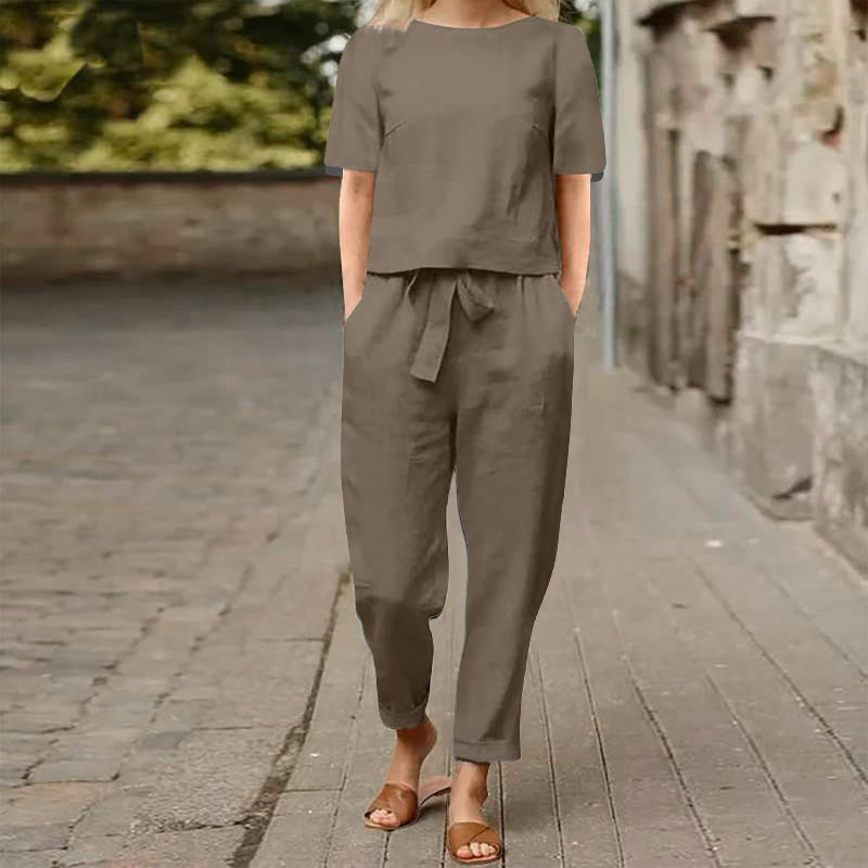 Casual Cozy Loose-Fit Solid Half Sleeve Blouse&Pants Set - Brown - 5XL - image 12