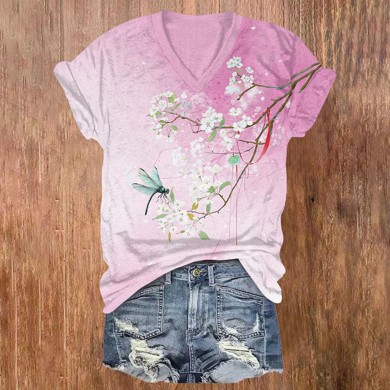 Japanese White Sakura & Dragonfly Print V-neck T-shirt Print V-neck T-shirt - Pink - US32-34(5XL) - image 3