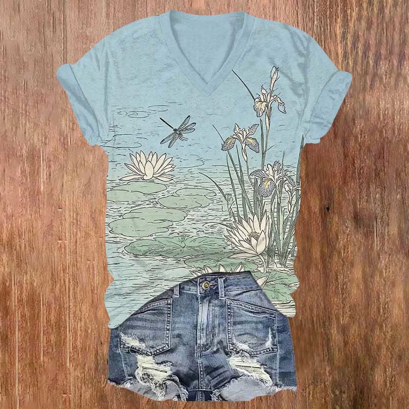 Vintage Lotus Blossom Pond & Dragonfly Art Print V-neck T-shirt - Blue - US32-34(5XL) - image 3