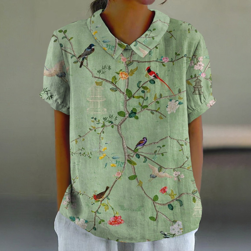 Retro Colorful Birds & Flowers Print Casual Lapel Loose Blouse - Green - 6XL - image 1