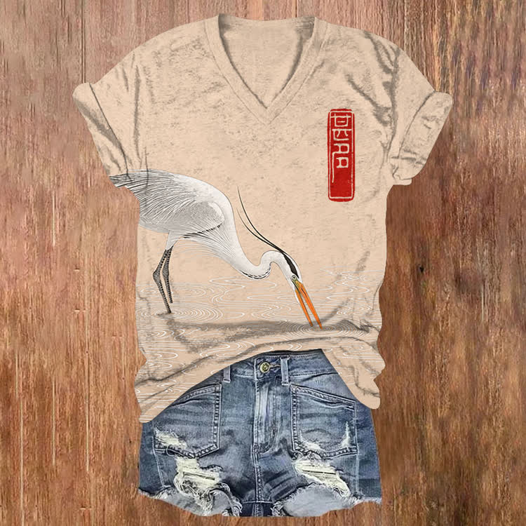 Japanese Vintage Egret Drinking Water Pattern Print Short Sleeved V-Neck T-Shirt - Champagne - US32-34(5XL) - image 4