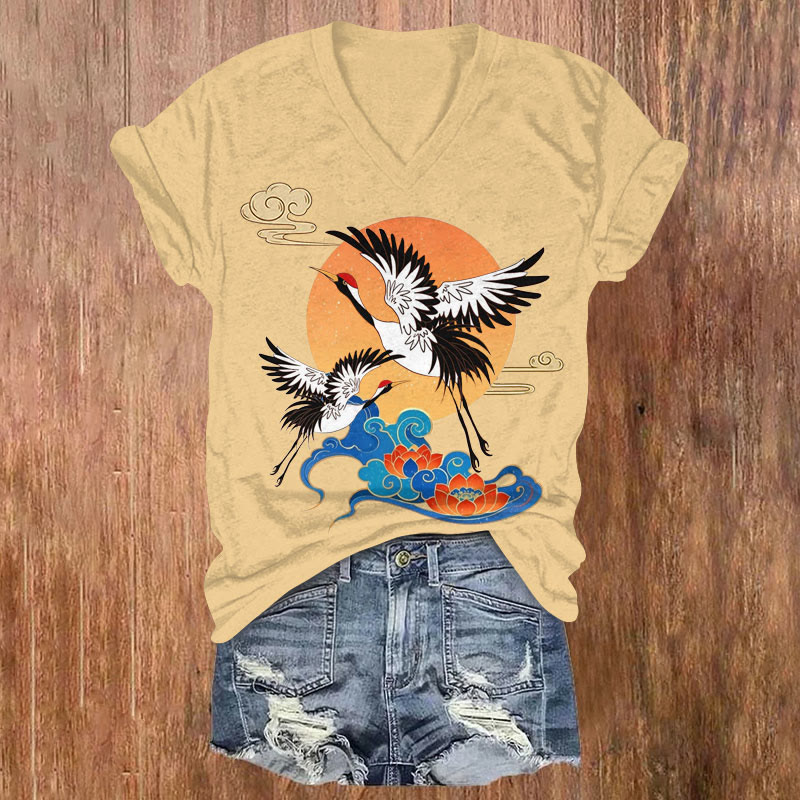 Japanese Serenity Cranes At Sunrise Art Print V-neck T-shirt - Apricot - US32-34(5XL) - image 2