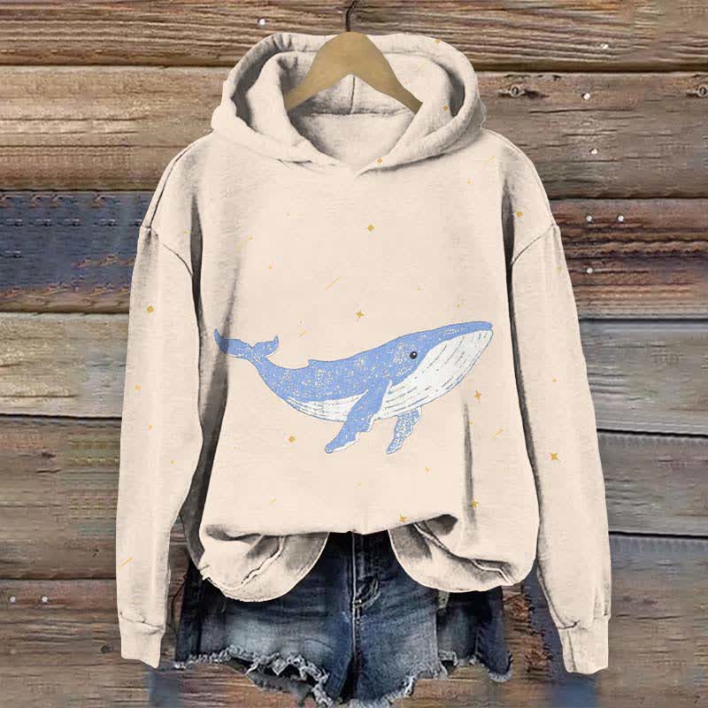 Japanese Lovely Whale In Starry Sky Art Print Long Sleeve Hoodie - Apricot - US44-46(8XL) - image 5