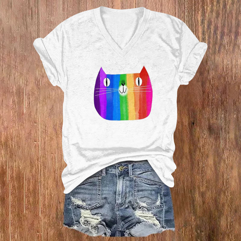 Ugly Rainbow Cat Head Print V-neck Short Sleeve T-shirt - White - US32-34(5XL) - image 2