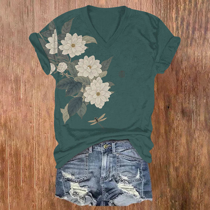 Vintage Begonia Blossom & Dragonfly Art Print V-neck T-shirt - Olive Green - US32-34(5XL) - image 5