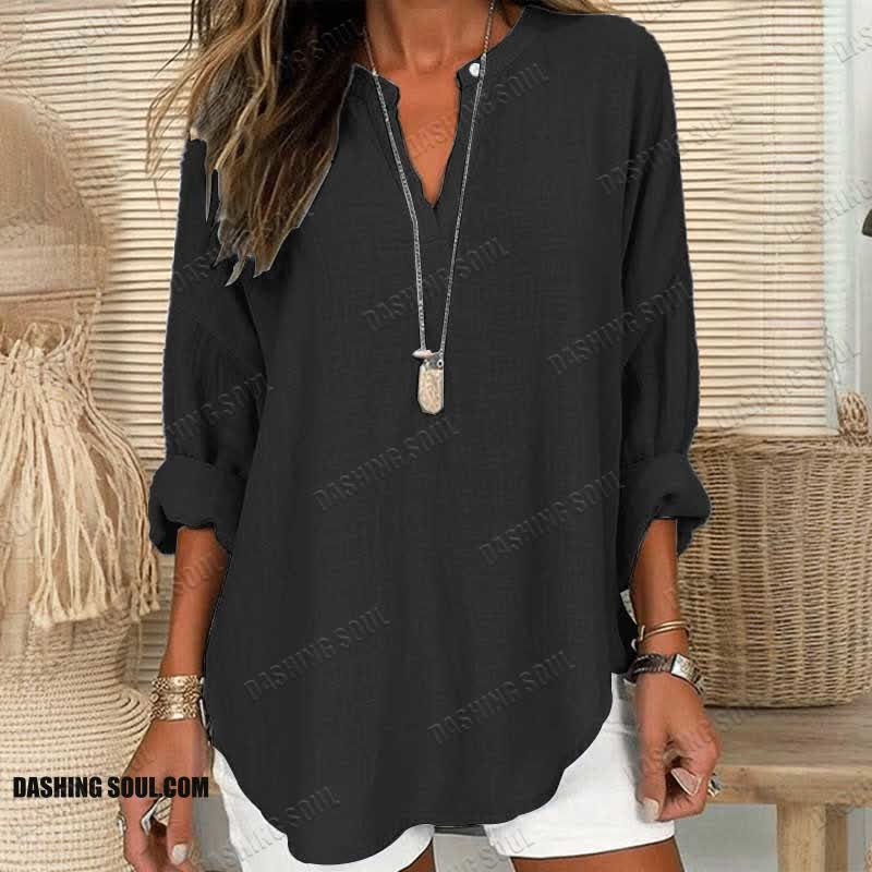 Women's Solid Color V Neck Long Sleeve Blouse