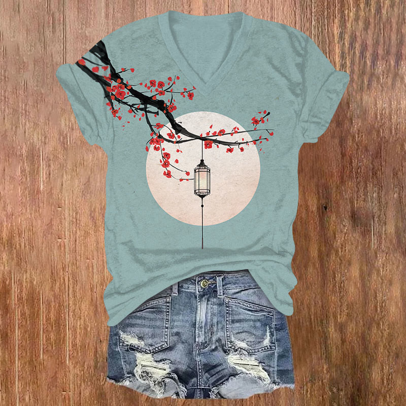 Japanese Ink Painting Plum Blossom Lantern Print V-neck T-shirt - Light Blue - US32-34(5XL) - image 2