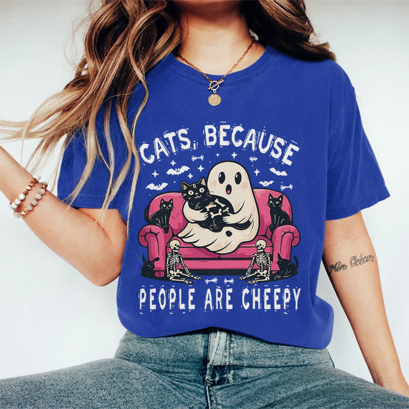 100% Cotton Halloween Ghost Holding Cat Print T-shirt - Royal Blue - 2XL - image 13