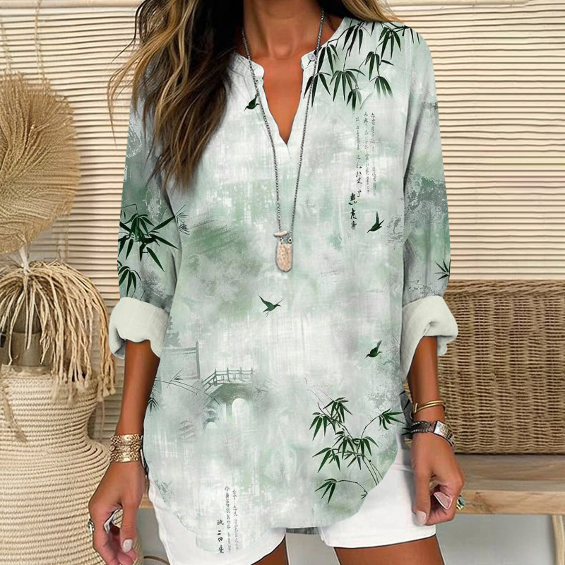 Retro Bamboo Leaf Art Print V Neck Long Sleeve Blouse - Green - 8XL - image 1