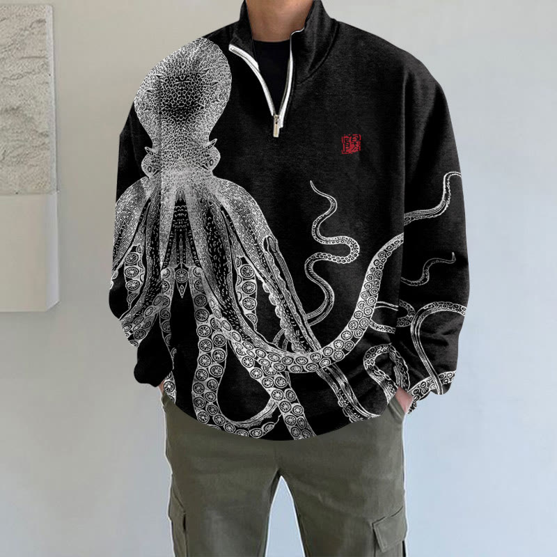 Japanese Art Octopus Print Long Sleeve Zipper Sweatshirt - Black - 5XL - image 4
