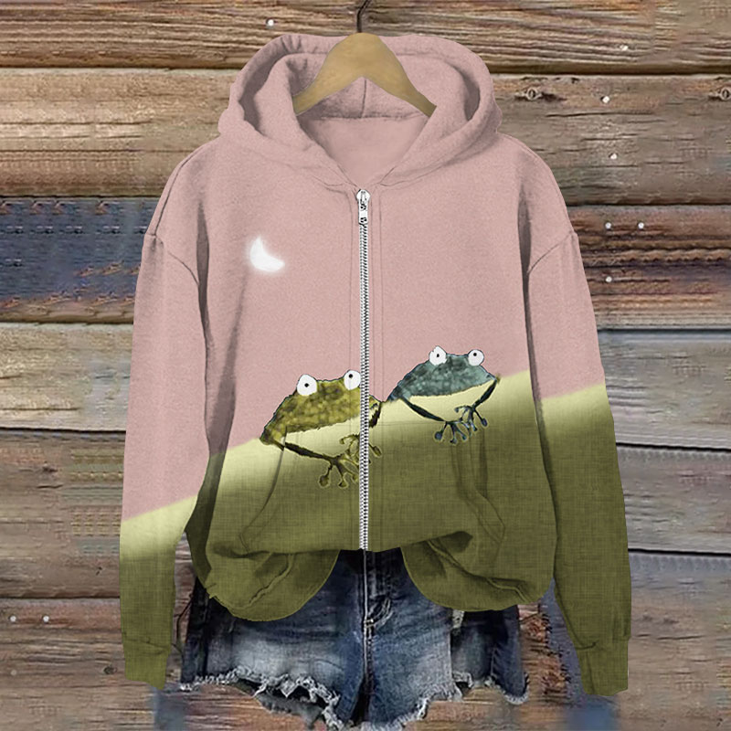 Simple Frog Color Block Print Long Sleeve Zipper Hoodie - Pink - US28-30(4XL) - image 2
