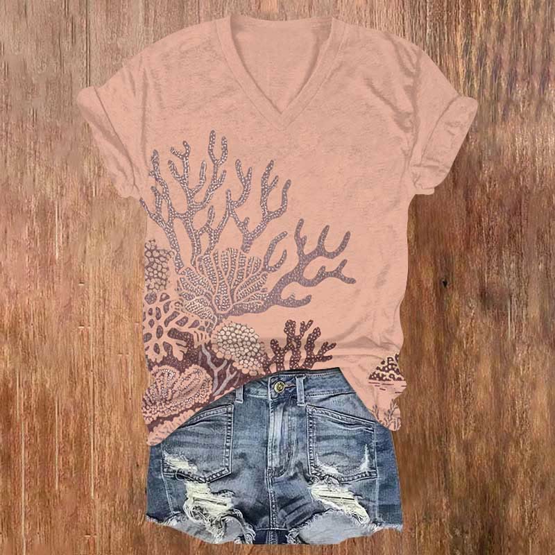 Funny Abstract Coral Art Print V-neck T-shirt - Pink - US32-34(5XL) - image 4