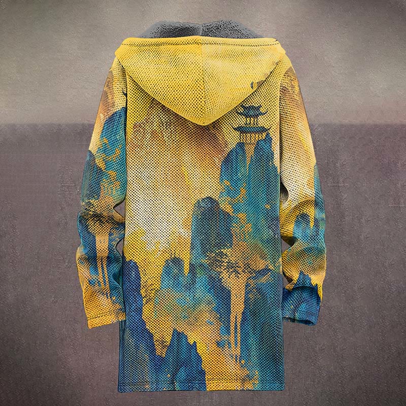 Retro Abstract Mountain And Kiosk Print Unisex Plush Thick Long-sleeved Fleece Jacket Coat - image 4