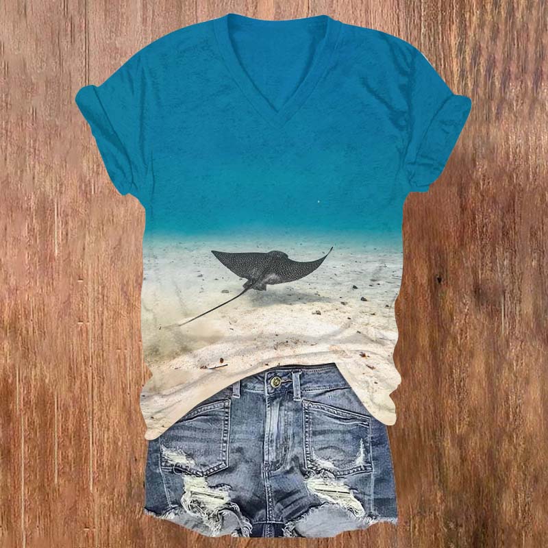 Creative Ocean Manta Ray Art Print T-shirt - Blue - 5XL - image 1