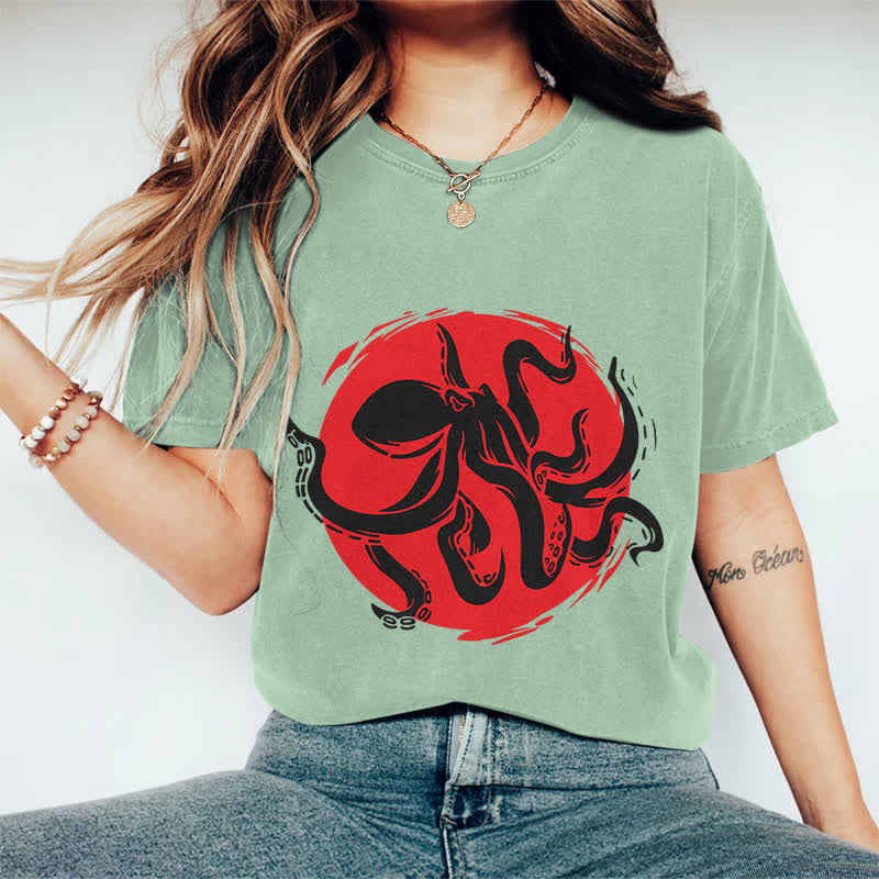 100% Cotton Japanese Abstract Octopus Art T-shirt - Green - 2XL - image 11