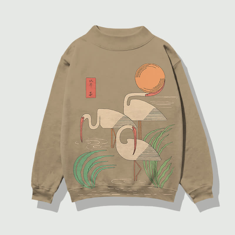 Japanese Minimalist Three Cranes Pattern Print Mock Neck Sweatshirt - Khaki - 4XL - image 3