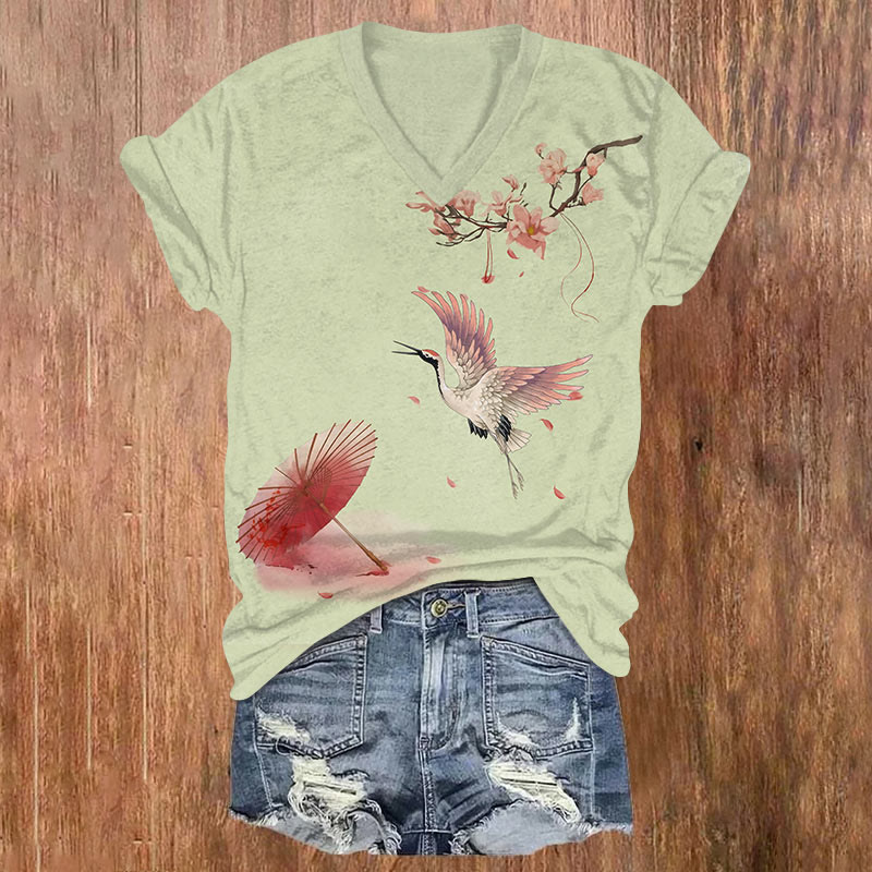 Japanese Flying Crane & Sakura Umbrella Art T-shirt - Green - US32-34(5XL) - image 2