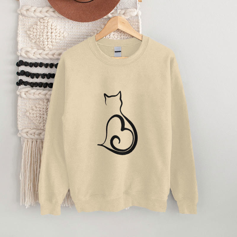 100% Cotton Japanese Simple Lines Love Cat Print Casual Fleece Sweatshirt