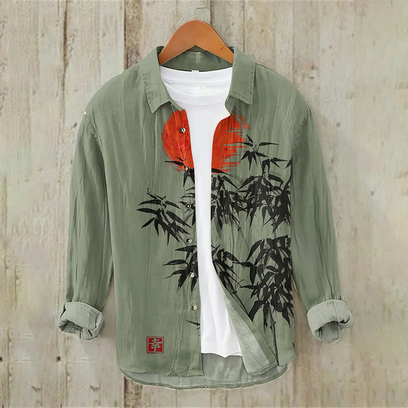 Japanese Bamboo Forest And Red Sun Art Print Casual Long Sleeve Lapel Shirt - Green - 5XL - image 3