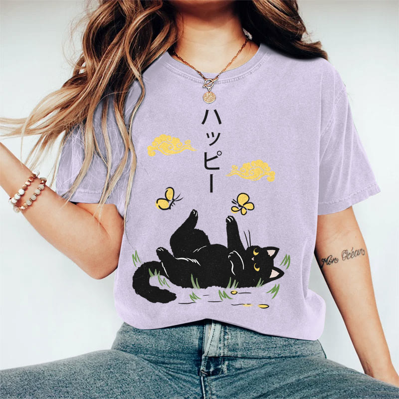 100% Cotton Women's Japanese Black Cat Playing With Butterfly Art Print Casual T-shirt - Purple - 2XL - image 4