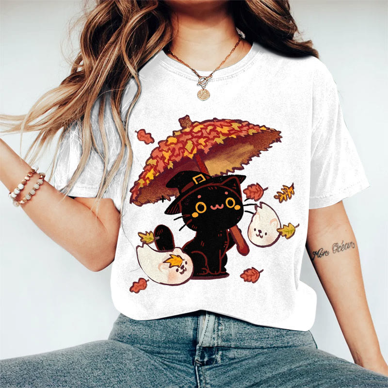100% Cotton Women's Halloween Black Cat Holding Maple Leaf Umbrella Art Print Casual T-shirt - White - 2XL - image 2