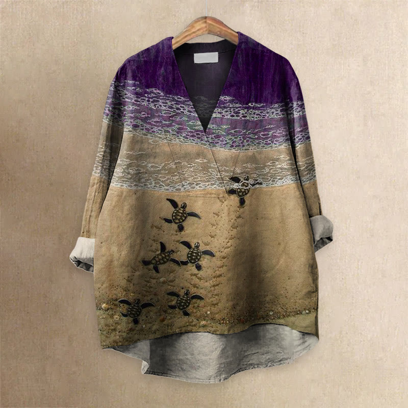 Baby Sea Turtles Beach Fiber Art Print Casual V-neck Blouse - Purple - 6XL - image 5