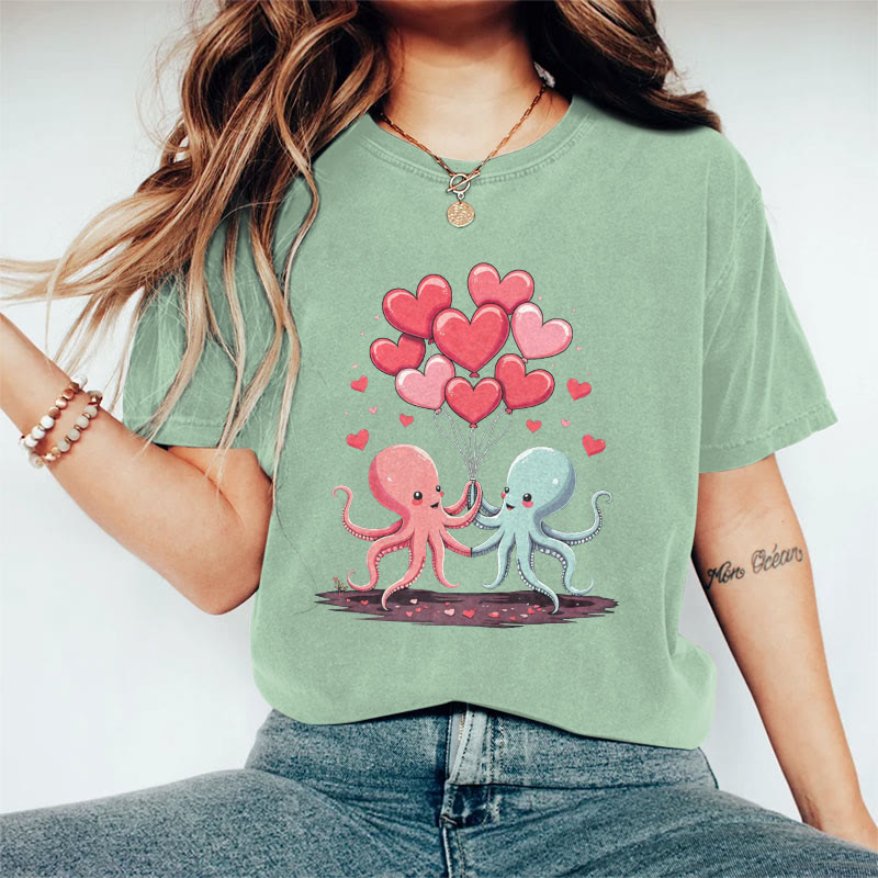 100% Cotton Valentine's Day Octopus Heart T-shirt - Light Green - 2XL - image 6