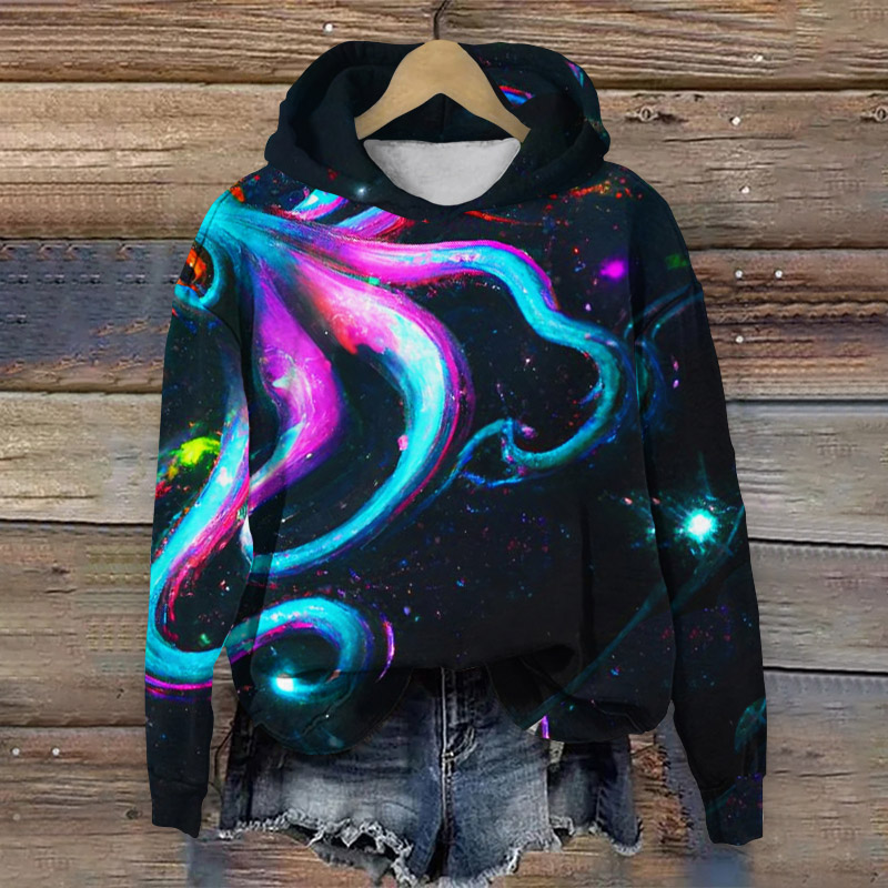 Abstract Aurora Octopus Print Casual Long Sleeve Hoodie - Blue - 8XL - image 1