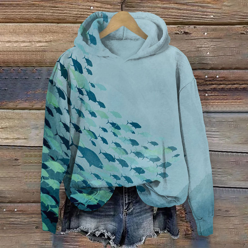 Underwater World Fish Painting Long Sleeve Hoodie - Blue - 8XL - image 1