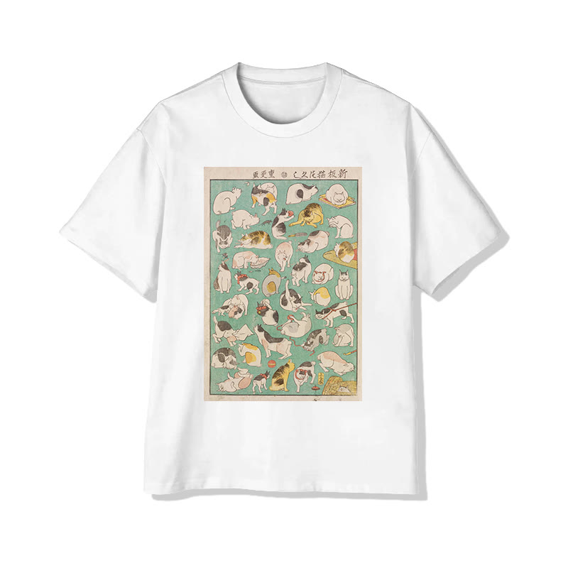 Unisex Japanese Cute Cats In Various Poses Art Pattern Cotton Print T-shirt - White - US20-22(3XL) - image 3