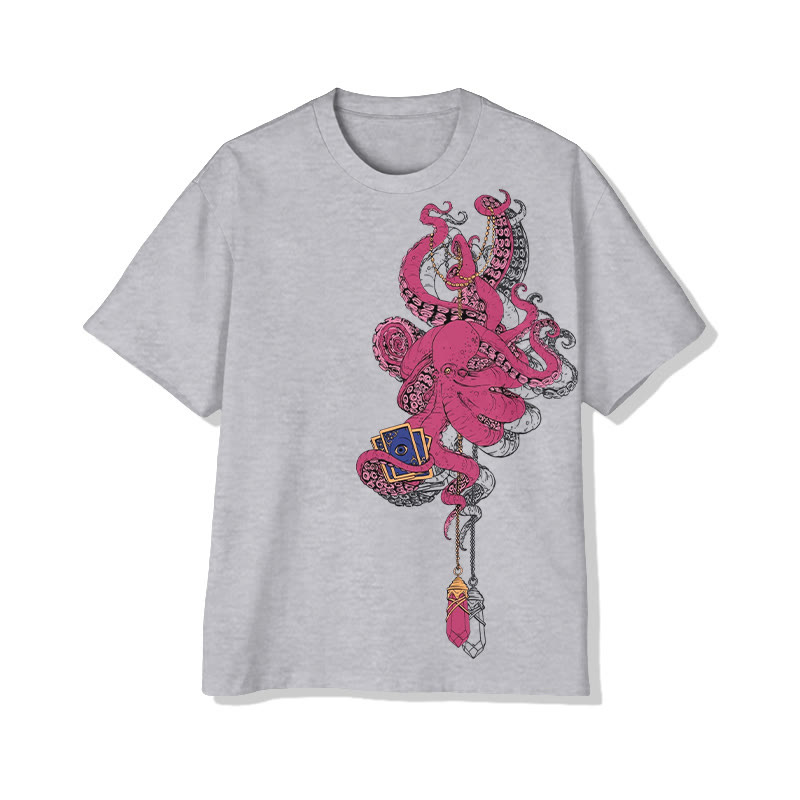 Unisex Japanese Tarot Crystal Octopus Art Pattern Cotton Print T-shirt - Grey - US20-22(3XL) - image 4