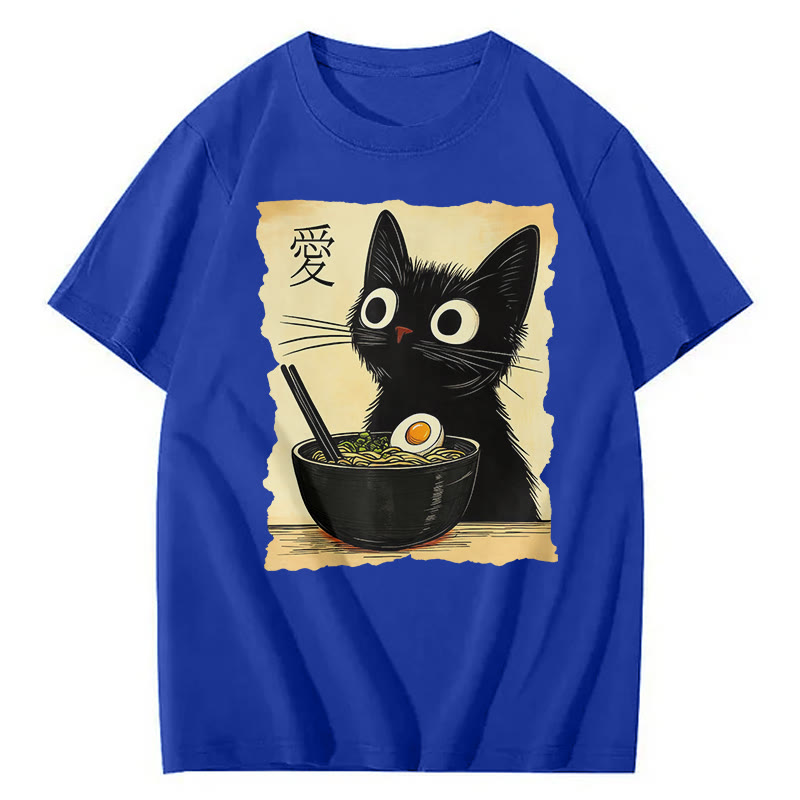 Unisex Funny Cat Eating Ramen Print Short Sleeved Crew Neck T-Shirt - Royal Blue - 2XL - image 7