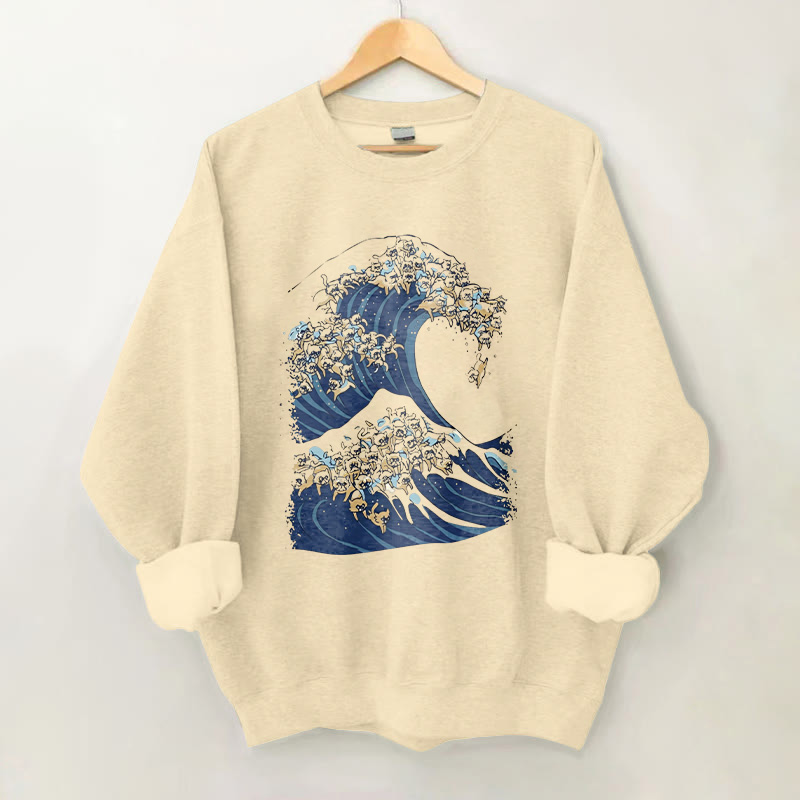 100% Cotton Abstract Ocean Waves And Cat Print Crew Neck Sweatshirt - Apricot - 2XL - image 1