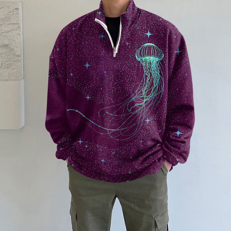 Colorful Starry Sky Jellyfish Print Long Sleeve Zipper Sweatshirt - Purple - 5XL - image 2