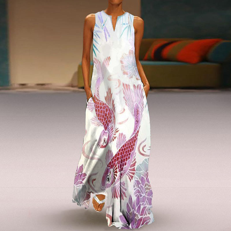 Koi Carp Fish Art Print Sleeveless Maxi Dress - Purple - 5XL - image 1
