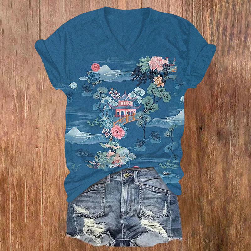 Flower Print V-neck T-shirt - Blue - US32-34(5XL) - image 2