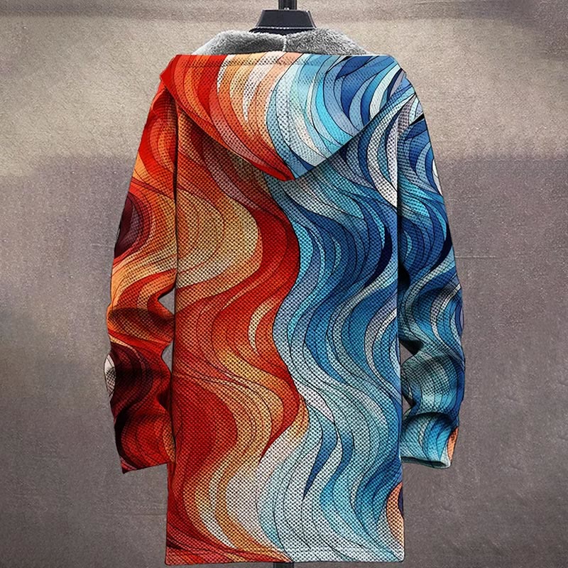 Orange And Blue Artistic Ocean Waves Pattern  Print Unisex Plush Thick Long-sleeved Fleece Jacket Coat - image 4