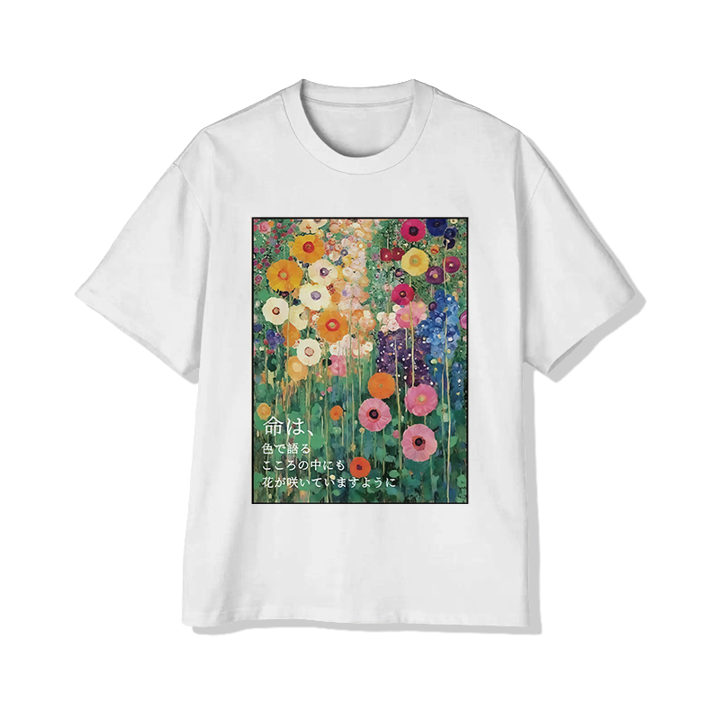 Japanese Oil Painting Colorful Flowers Print Short Sleeved Crew Neck T-shirt - White - 2XL - image 1