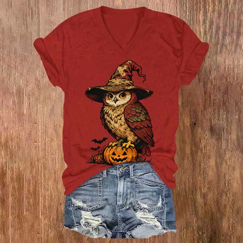 Halloween Wizard Owl Standing On A Pumpkin Print V-neck T-shirt - Red - US32-34(5XL) - image 4