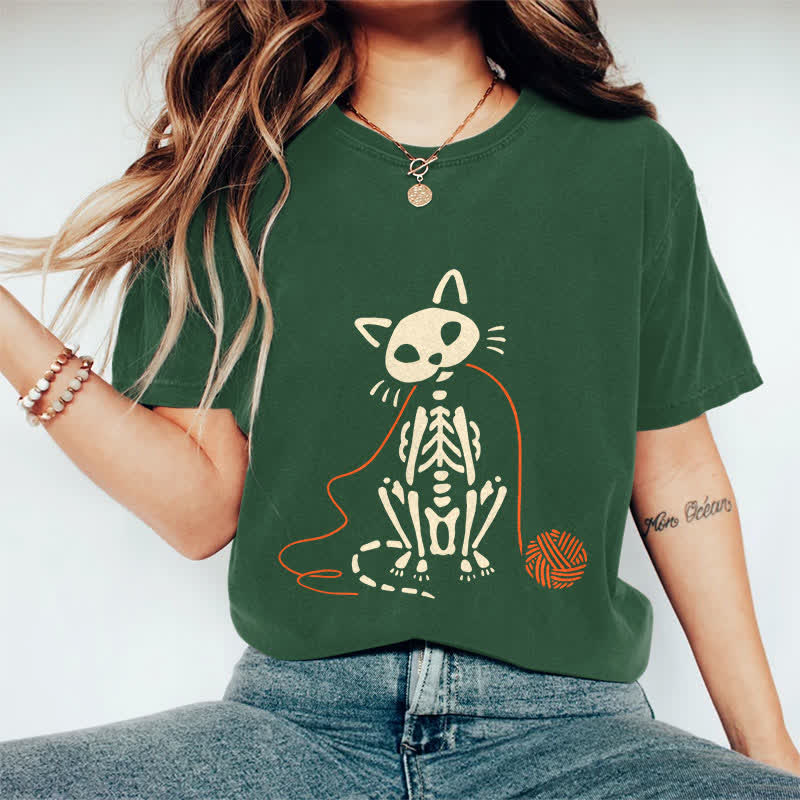 100% Cotton Women's Creative Skeleton Cat Playing Ball Of Yarn Art Print Casual T-shirt - Dark Green - 2XL - image 9