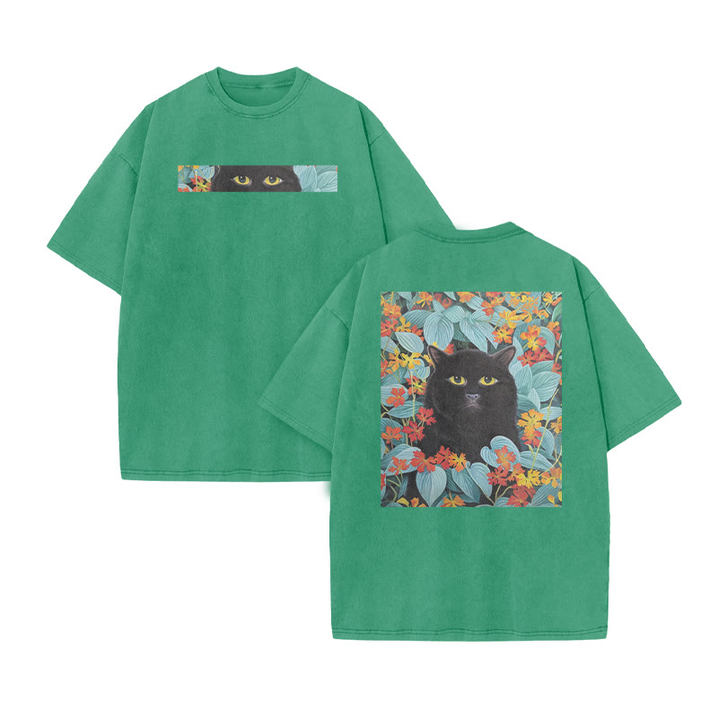 A Black Cat In A Field Of Blue Leaves Print Acid Washed T-shirt - Green - US20-22(3XL) - image 10