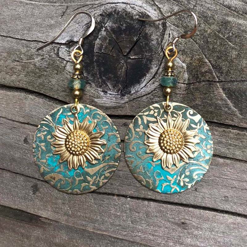 Retro Bohemian Colorblock Double-layer Sunflower Pattern Earrings - image 6