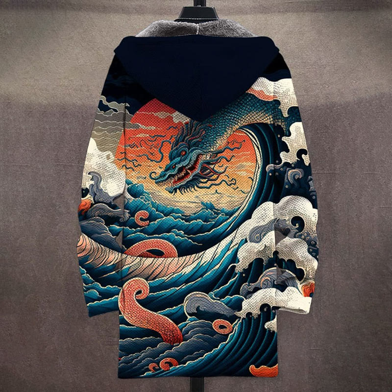 Vintage Japanese Art Ukiyoe Waves And Dragons Print Unisex Plush Thick Long-sleeved Fleece Jacket - image 2