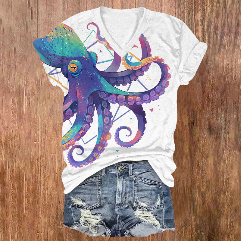 Watercolor Rainbow Octopus Print V-neck T-shirt - White - US32-34(5XL) - image 2