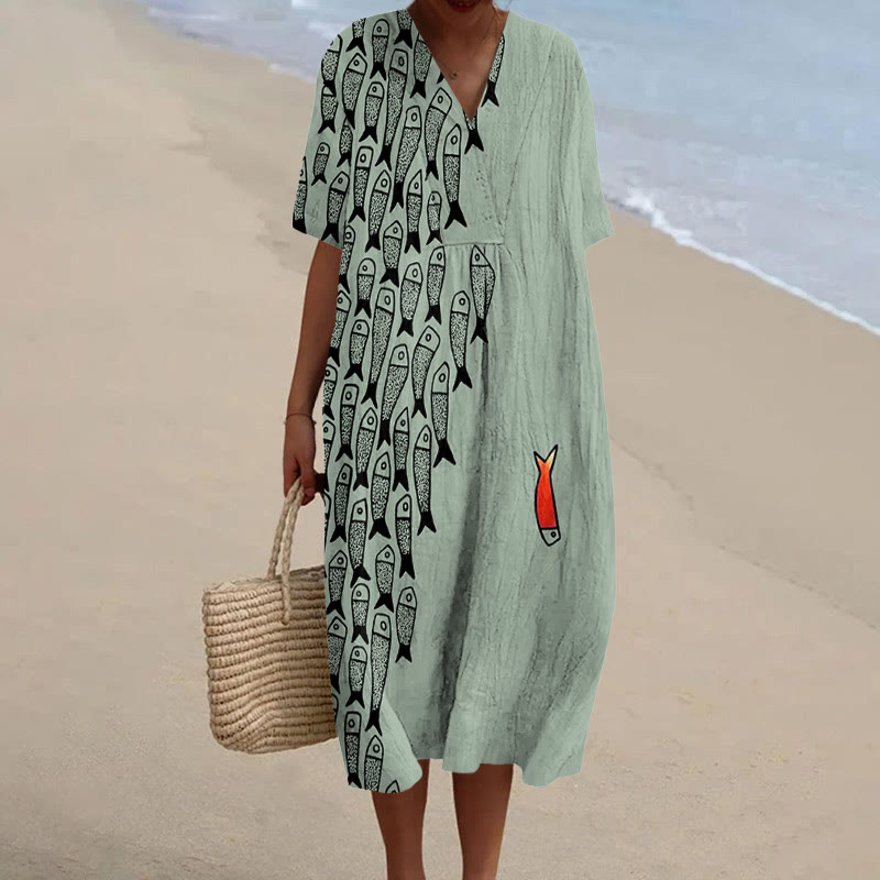 Cute Simple Lines Abstract Geometric Fish Art Print Casual Midi Dress