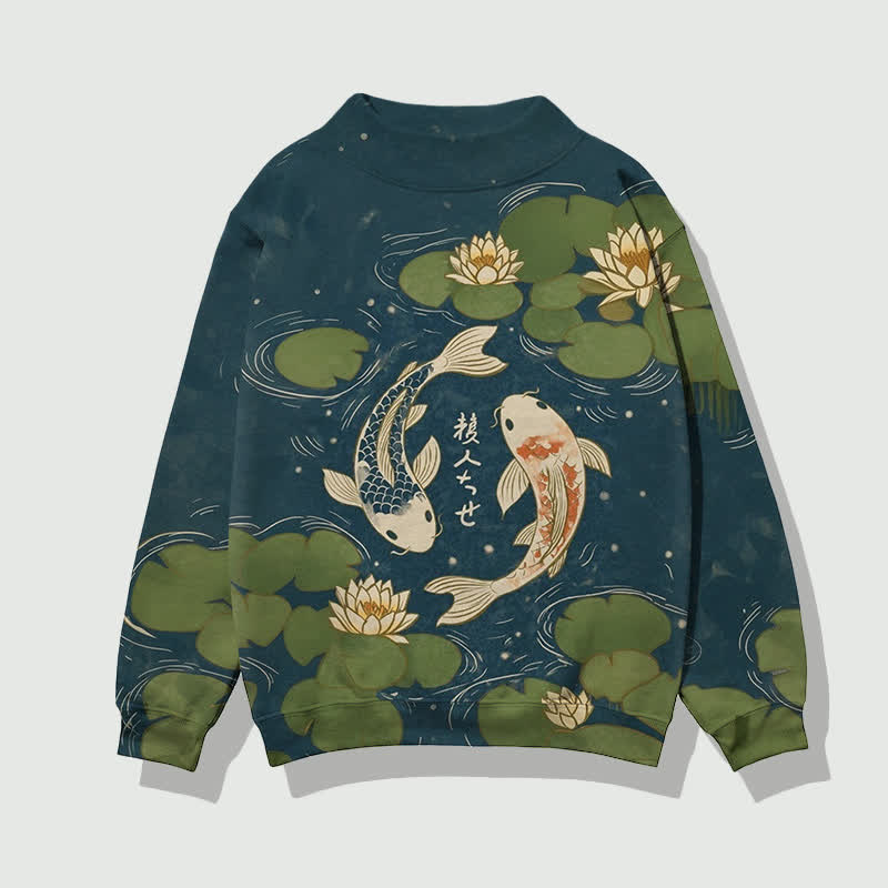 Japanese Koi In The Lotus Pond Pattern Print Mock Neck Sweatshirt - Royal Blue - 4XL - image 7