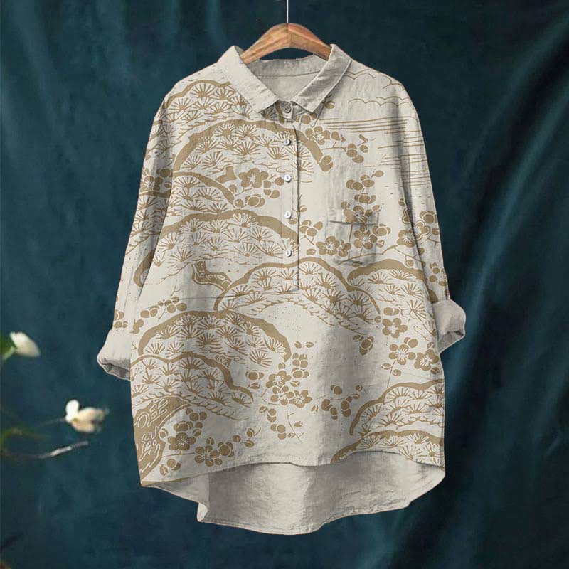 Women's Japanese Art Plum Blossom Print Casual Lapel Blouse